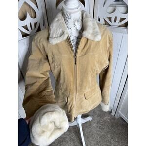 Wilsons Leather Maxima Suede Sherpa Lined Coat Womens Large Tan Y2K